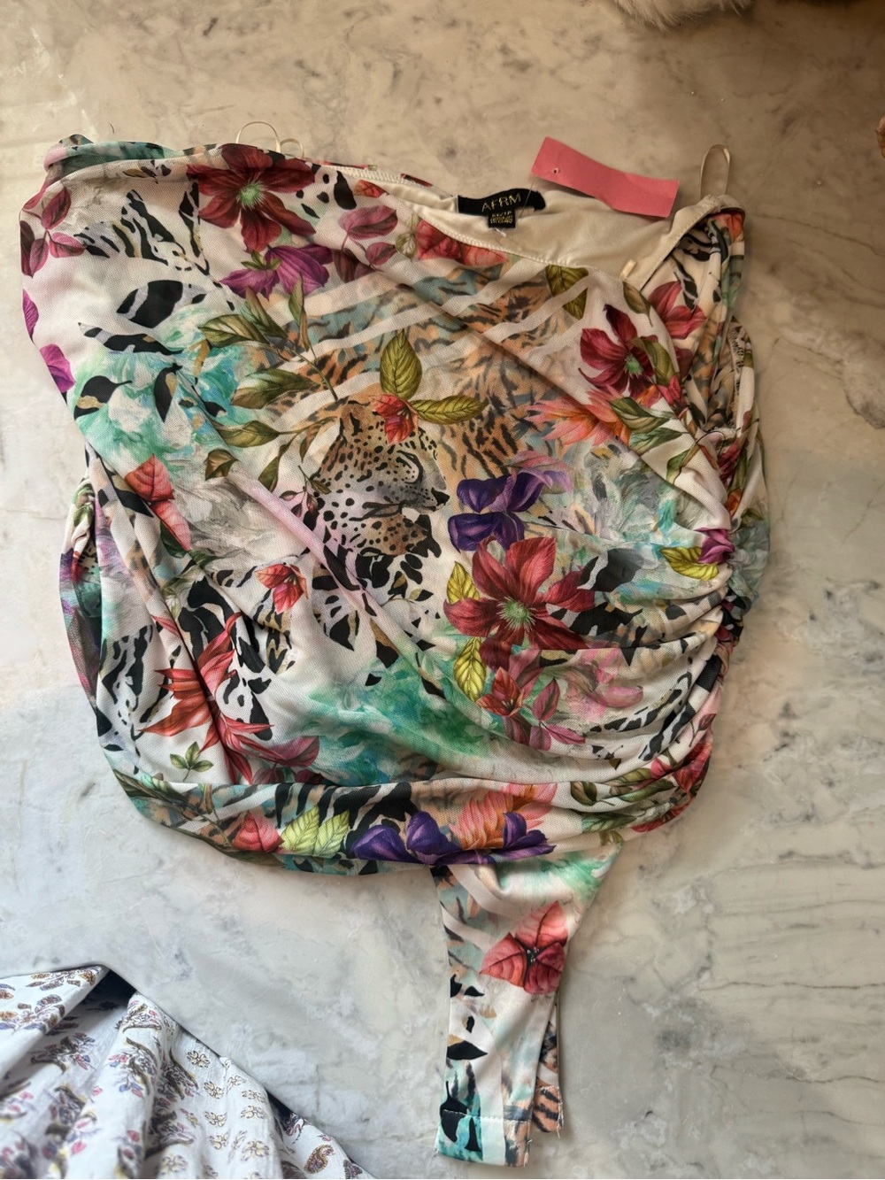 AFRM Floral & Leopard Print Sheer Bodysuit in White, Pink, Green